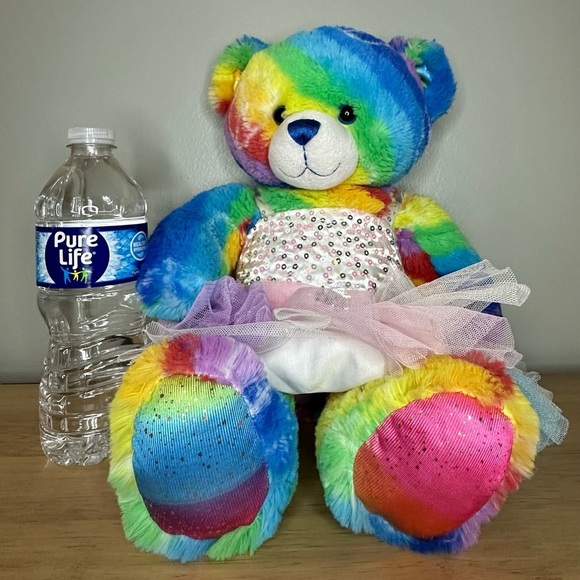Build A Bear Neon Rainbow Tie Dye‎ Peace Signs Bear Pink Tutu Stuffed Plush Toy - Picture 2 of 7